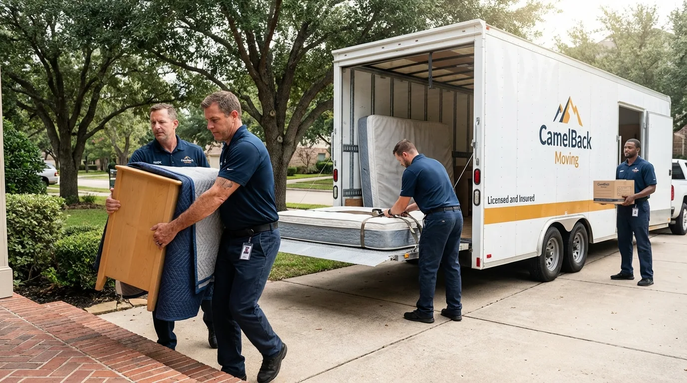 Crew loading residential truck for cross-state move from Waurika, OK