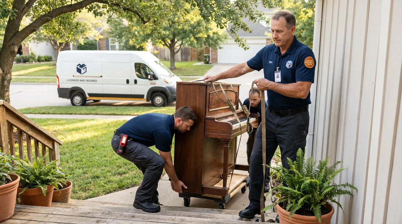 Licensed piano movers securing grand piano in Waurika, OK