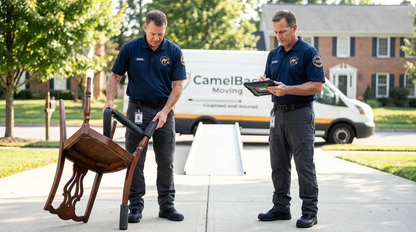 Movers inspecting furniture for damage prevention before loading in Waurika, OK