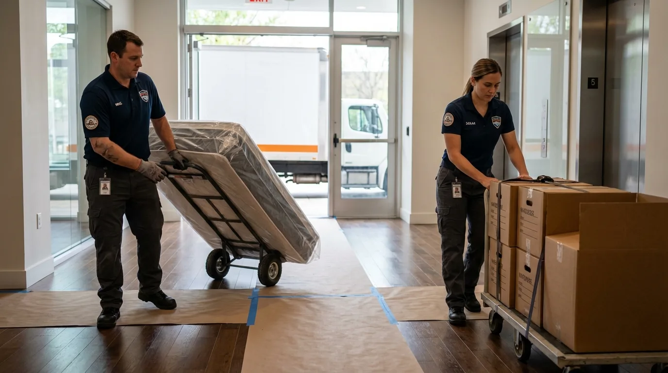 Professional apartment movers loading elevator in Waurika, OK