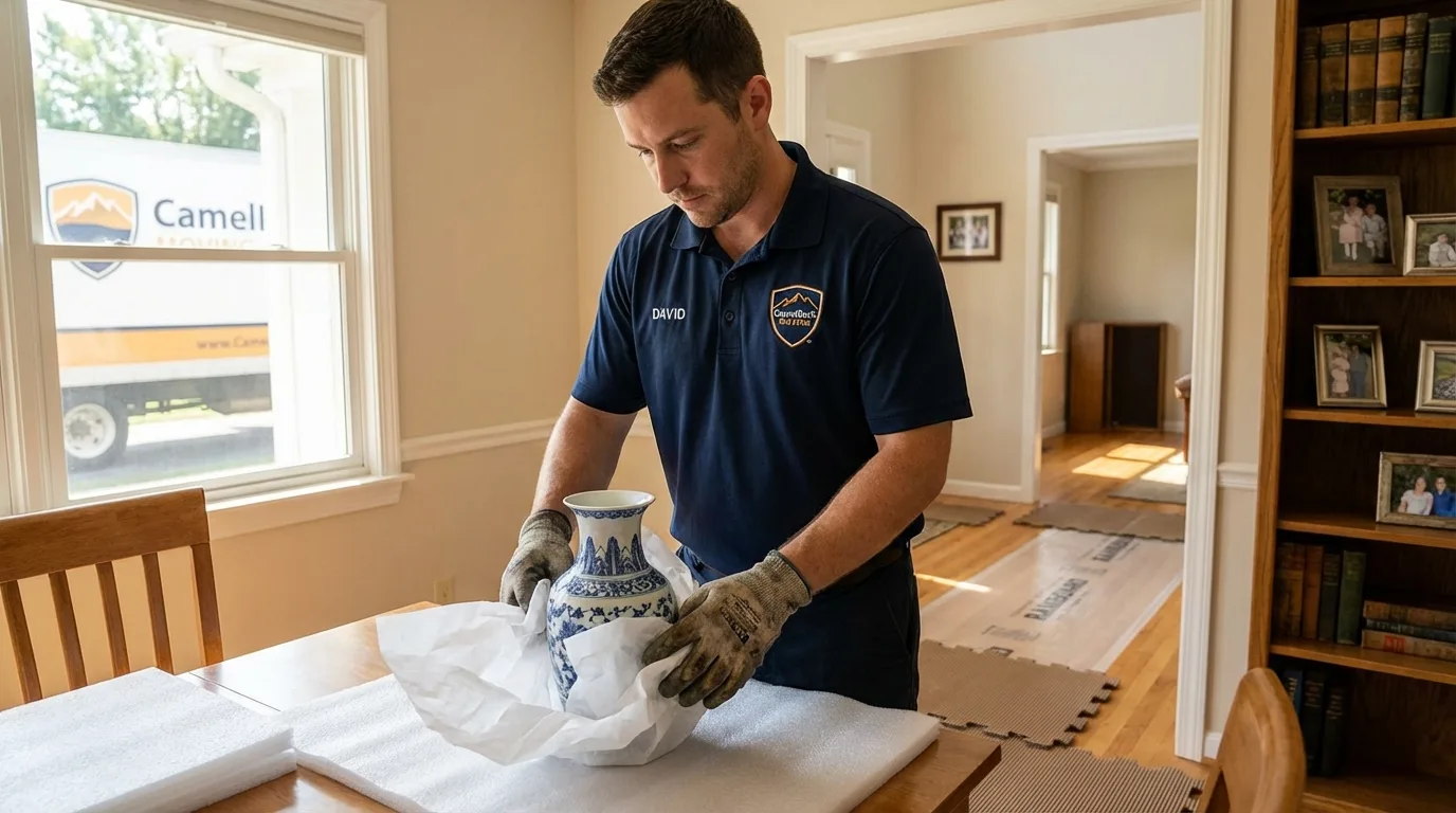 Professional crew carefully wrapping antique vase for senior downsizing move in Waurika, OK